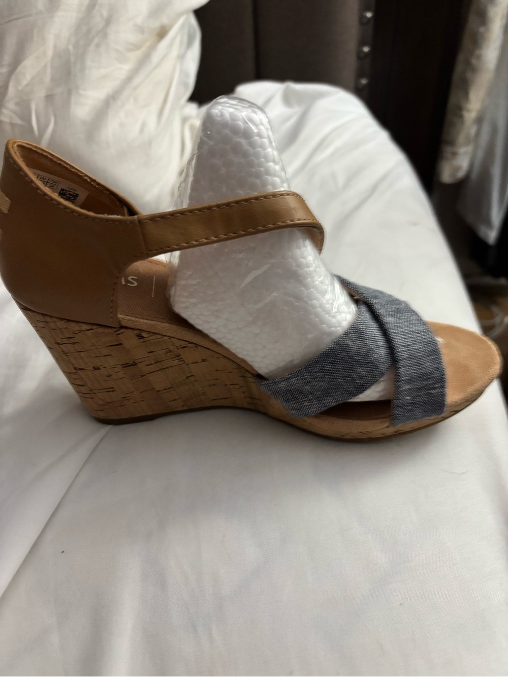 Toms Tan and Denim Cork Wedge Sandal
